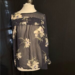 Pleione Navy Floral Chiffon Ruffle Yoke Blouse